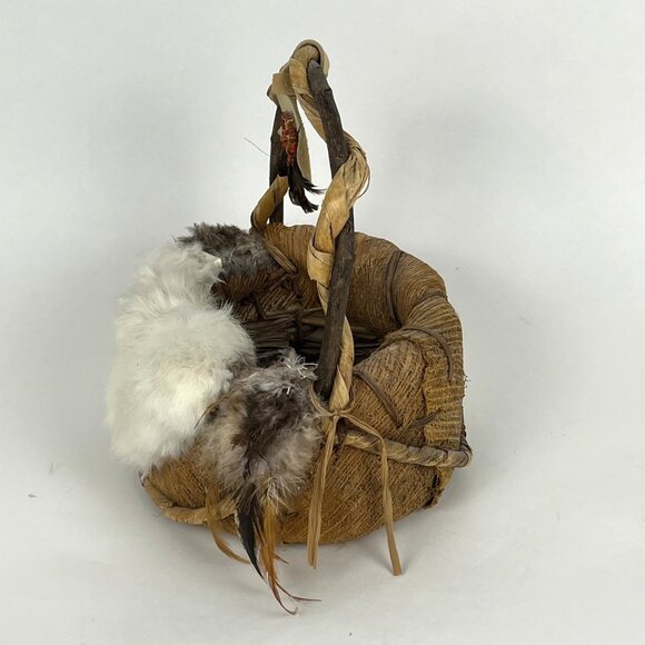 Native American Sioux Dream Gathering Handled Basket Woven Fur Feathers - Picture 5 of 10